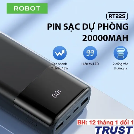 20000Mah Robot Rt22S Led Fast Backup Battery 2 Micro/Type C Inpu